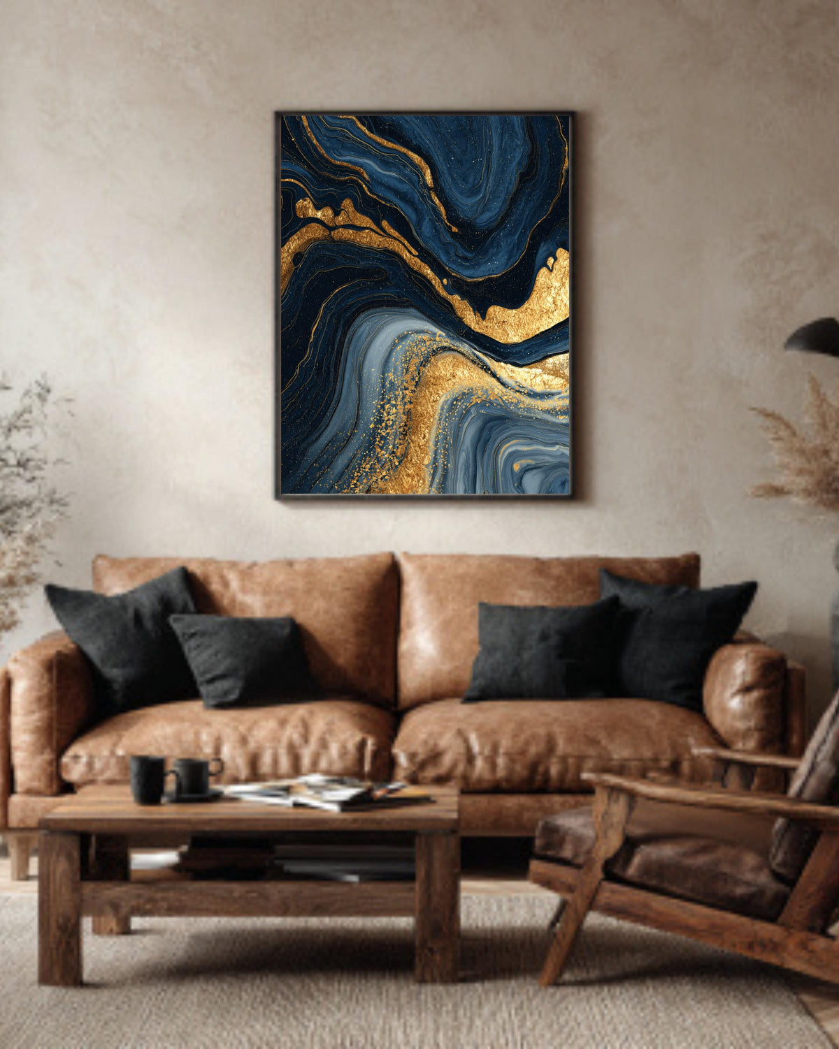 Dark Blue and Gold Marble Wall Art | Luxury Abstract Flowing Line Pattern, Elegant Fluid Texture Modern Home Decor