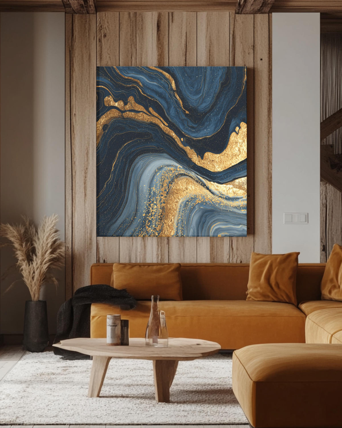 Dark Blue and Gold Marble Wall Art | Luxury Abstract Flowing Line Pattern, Elegant Fluid Texture Modern Home Decor