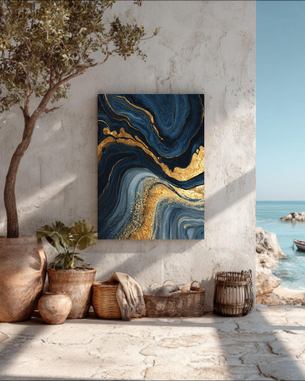 Dark Blue and Gold Marble Wall Art | Luxury Abstract Flowing Line Pattern, Elegant Fluid Texture Modern Home Decor