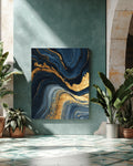 Dark Blue and Gold Marble Wall Art | Luxury Abstract Flowing Line Pattern, Elegant Fluid Texture Modern Home Decor