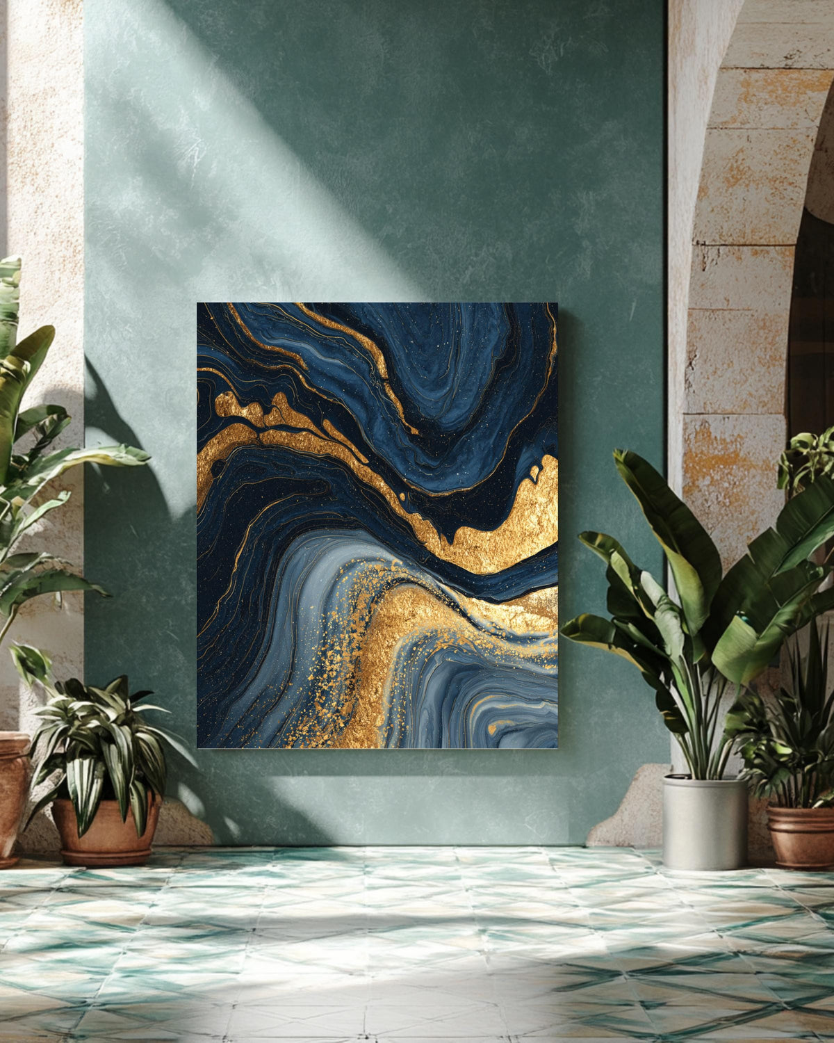 Dark Blue and Gold Marble Wall Art | Luxury Abstract Flowing Line Pattern, Elegant Fluid Texture Modern Home Decor
