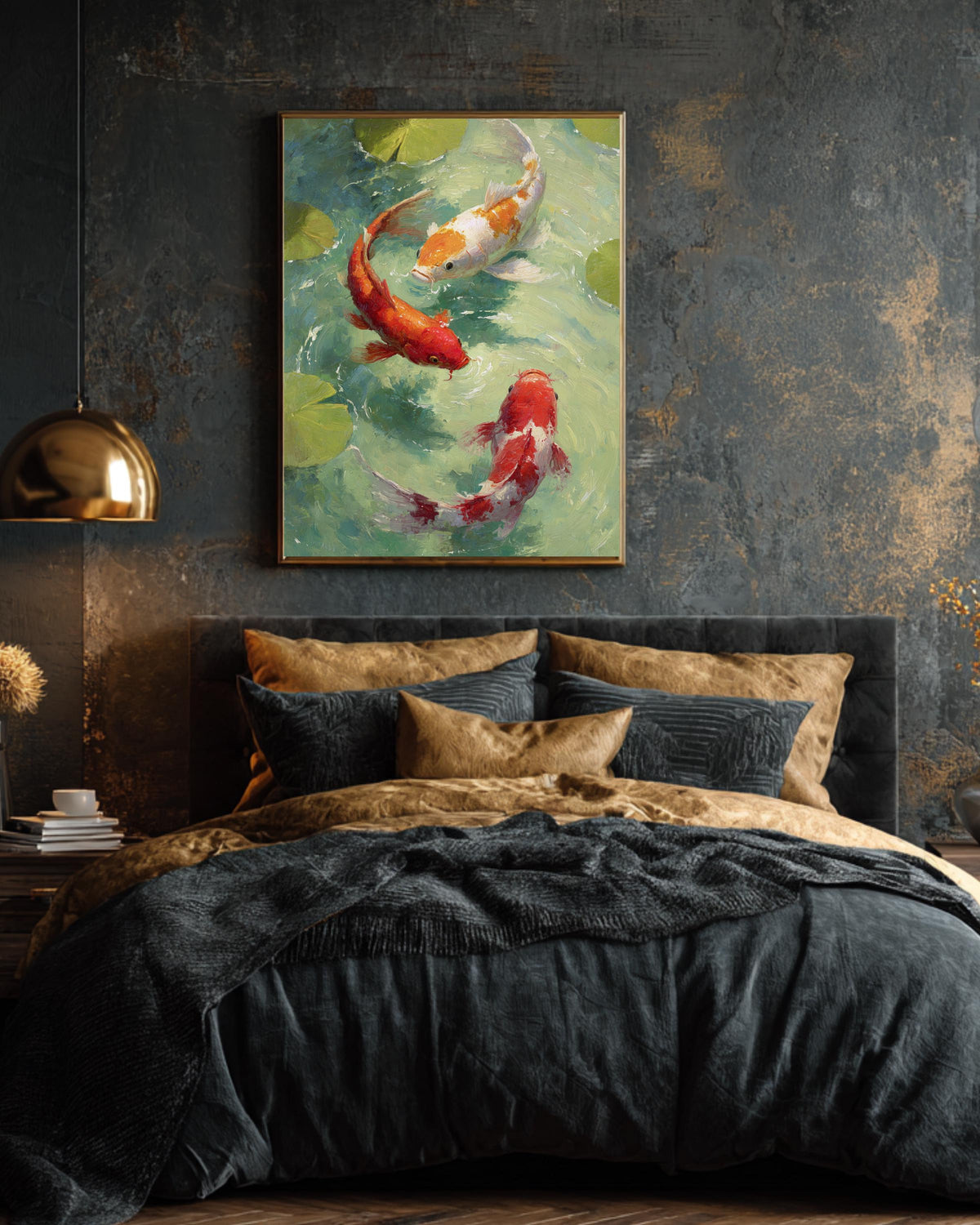 Three Koi Fish Swimming with Lotus Leaves Art Print, Elegant Oil Painting Style, Tranquil Asian Zen Wall Decor
