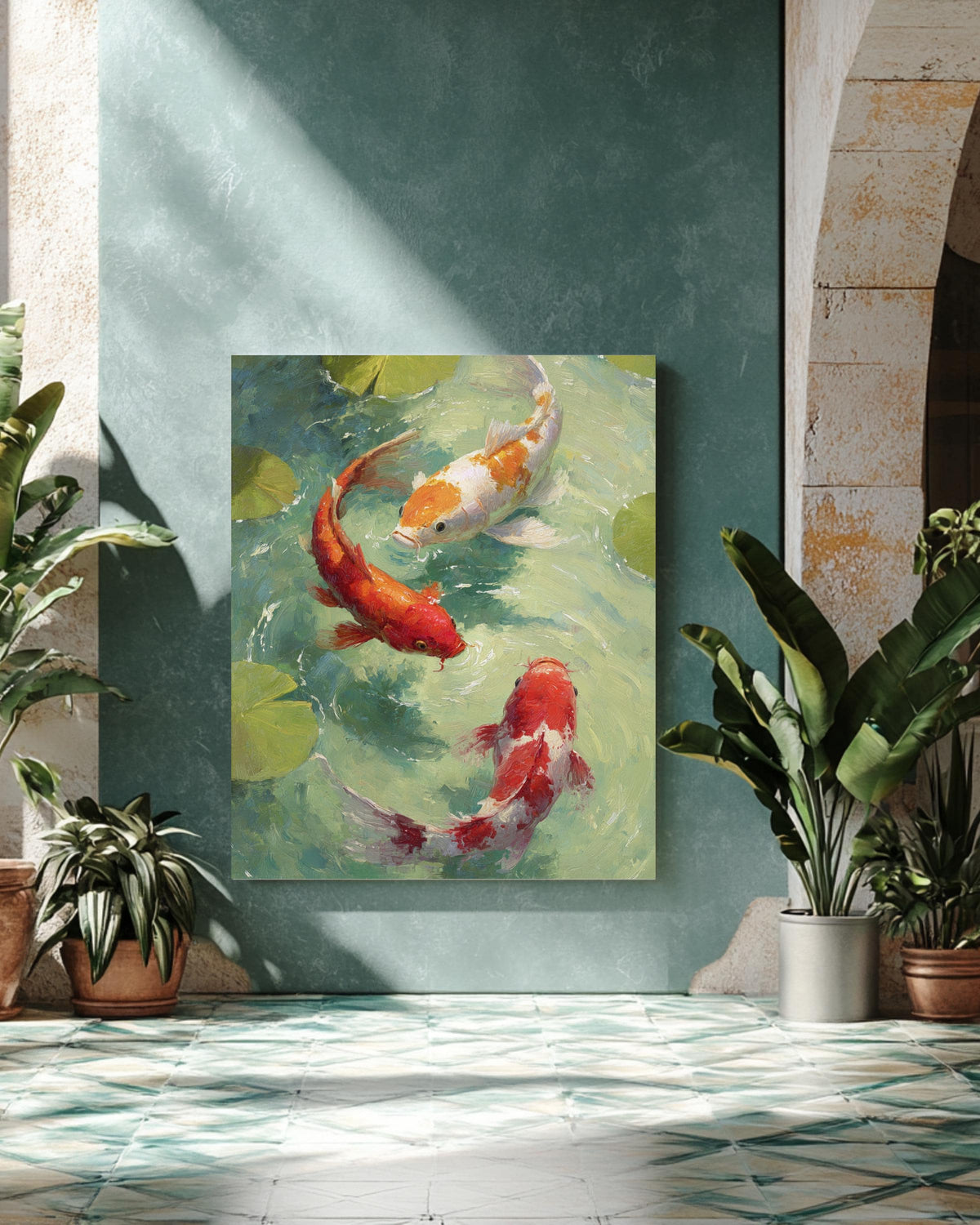 Three Koi Fish Swimming with Lotus Leaves Art Print, Elegant Oil Painting Style, Tranquil Asian Zen Wall Decor