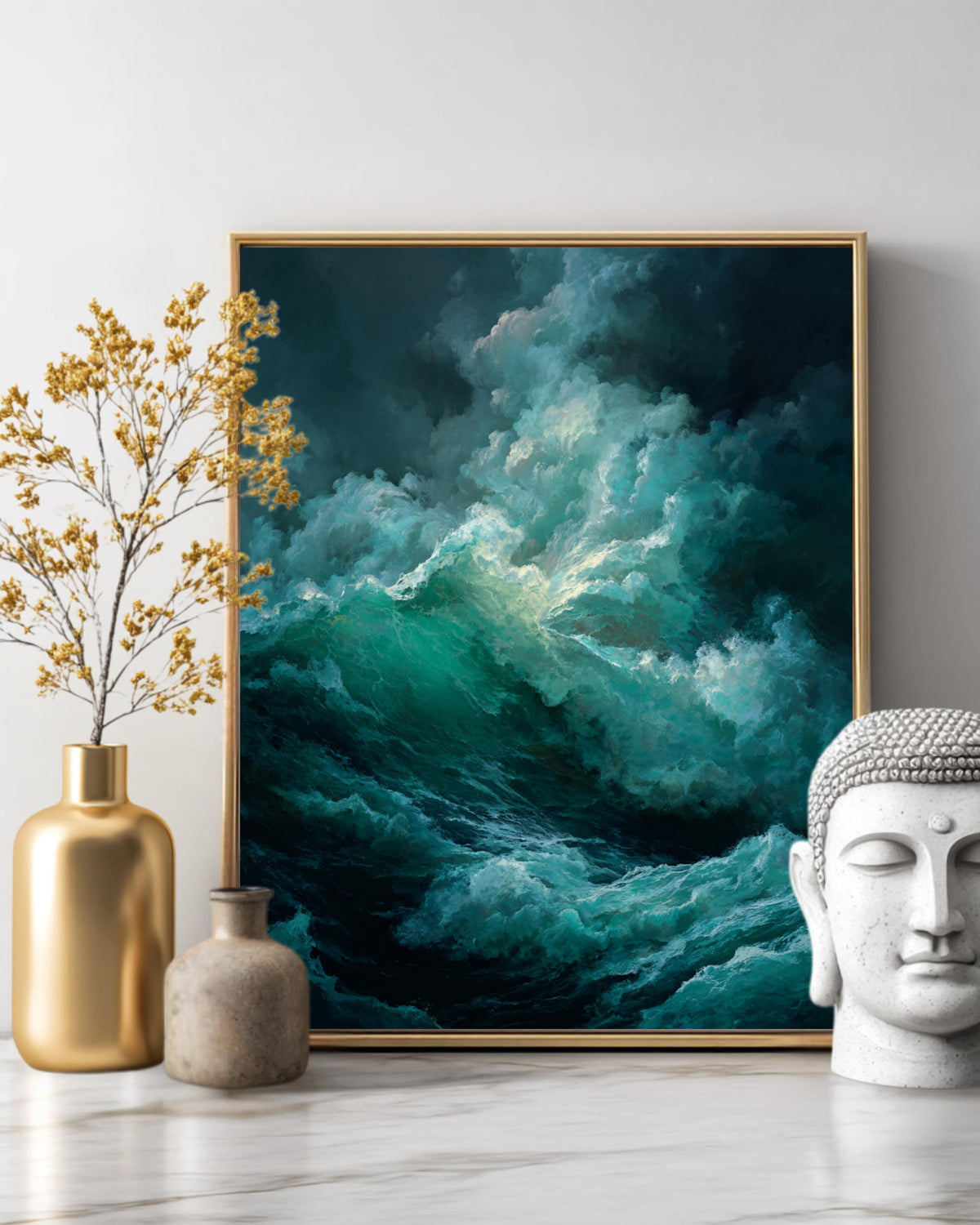 Dark Stormy Sea Oil Painting Art Print, Dramatic Caravaggio-Style Waves with Deep Shadows and Emerald Green Foam, Moody Ocean Wall Decor