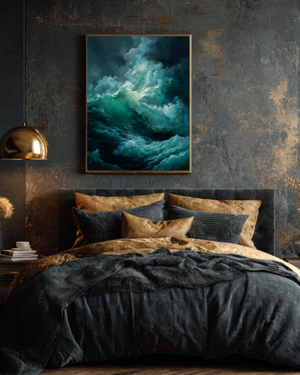 Dark Stormy Sea Oil Painting Art Print, Dramatic Caravaggio-Style Waves with Deep Shadows and Emerald Green Foam, Moody Ocean Wall Decor