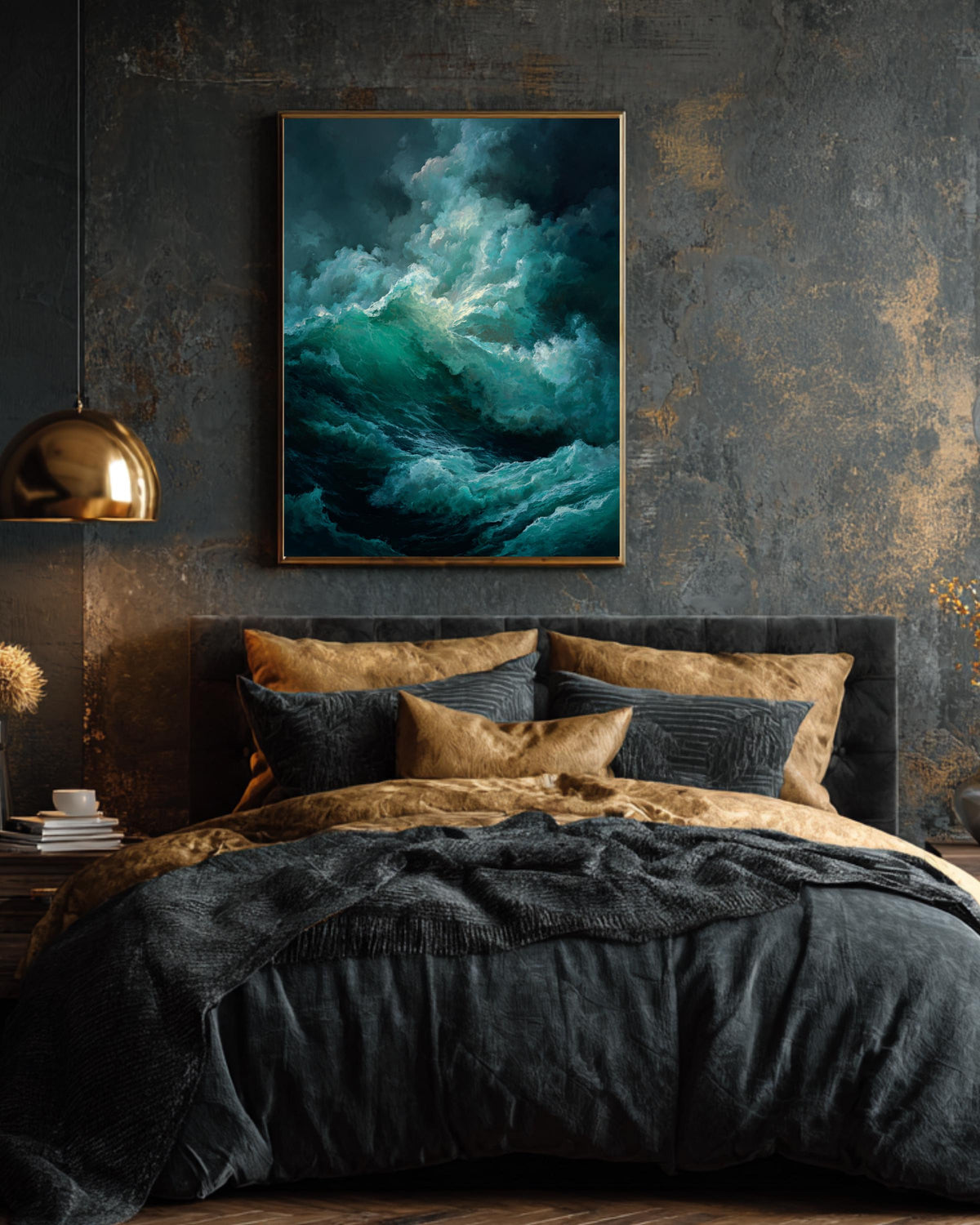 Dark Stormy Sea Oil Painting Art Print, Dramatic Caravaggio-Style Waves with Deep Shadows and Emerald Green Foam, Moody Ocean Wall Decor
