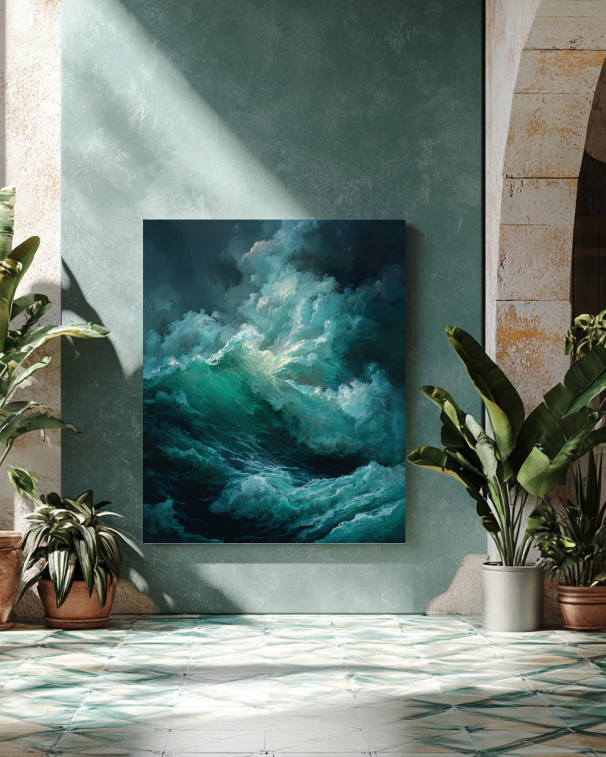Dark Stormy Sea Oil Painting Art Print, Dramatic Caravaggio-Style Waves with Deep Shadows and Emerald Green Foam, Moody Ocean Wall Decor