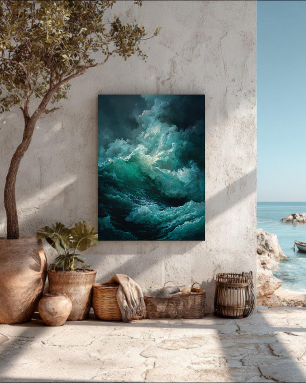 Dark Stormy Sea Oil Painting Art Print, Dramatic Caravaggio-Style Waves with Deep Shadows and Emerald Green Foam, Moody Ocean Wall Decor