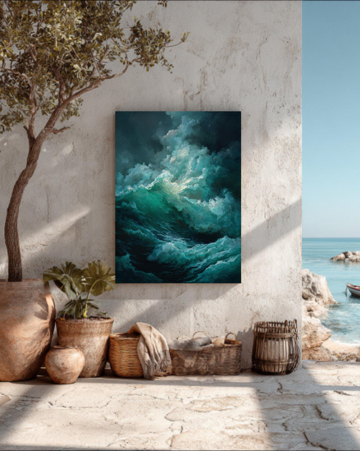 Dark Stormy Sea Oil Painting Art Print, Dramatic Caravaggio-Style Waves with Deep Shadows and Emerald Green Foam, Moody Ocean Wall Decor