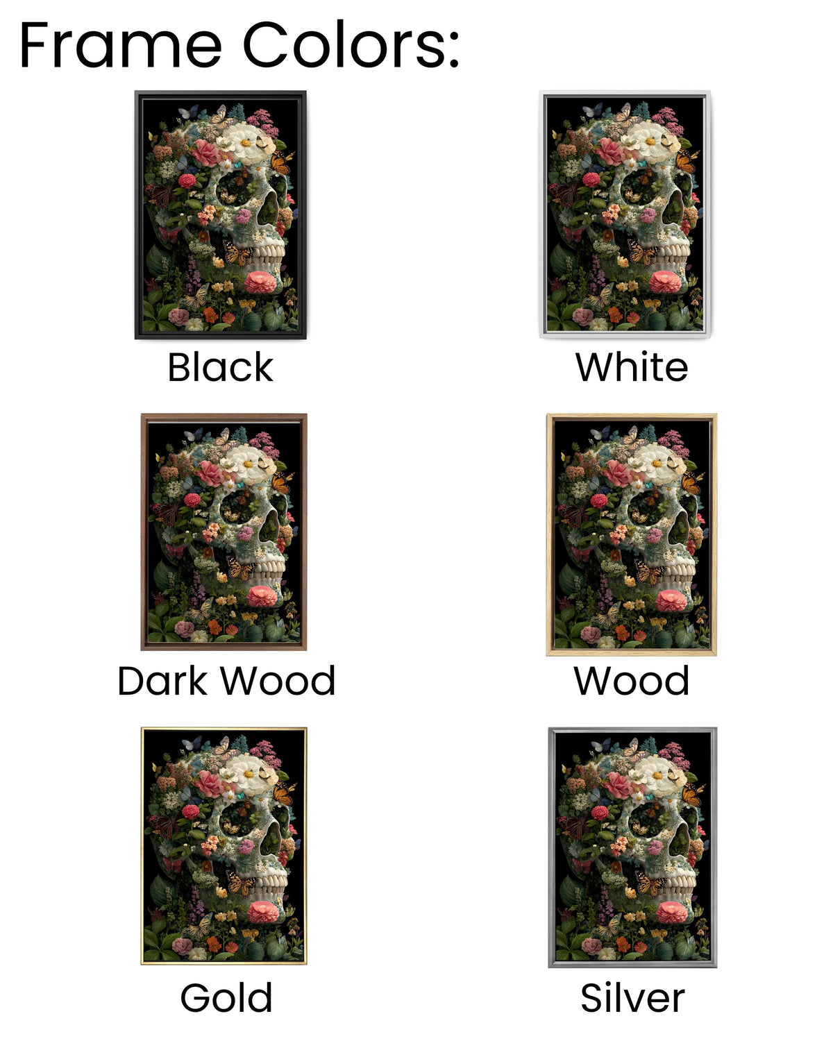Skull with Colorful Butterflies and Flowers Art Print, Gothic Nature Illustration on Black Background, Vibrant B