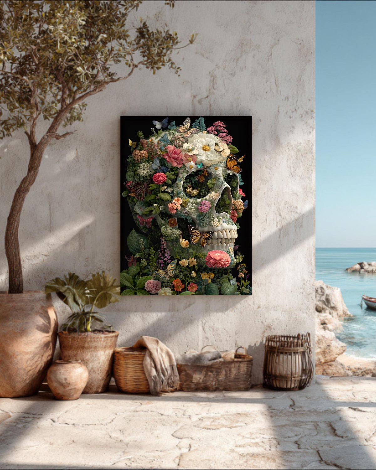 Skull with Colorful Butterflies and Flowers Art Print, Gothic Nature Illustration on Black Background, Vibrant B