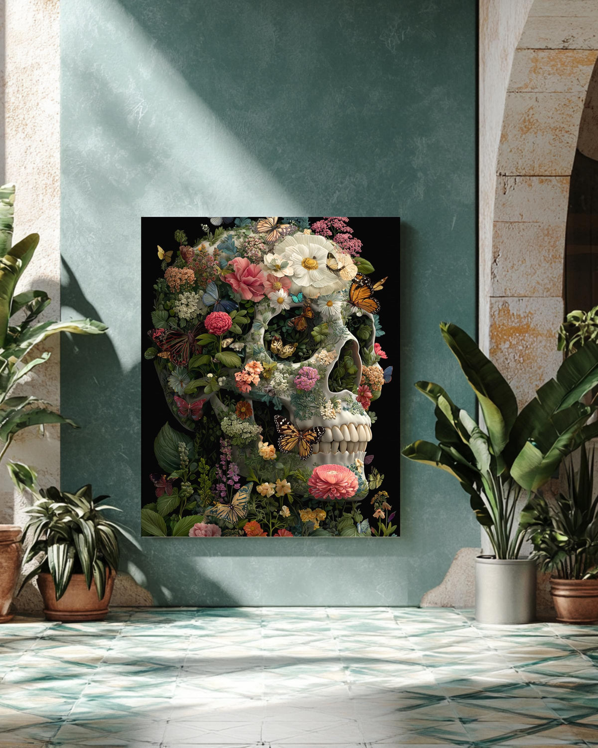 Skull with Colorful Butterflies and Flowers Art Print, Gothic Nature Illustration on Black Background, Vibrant B