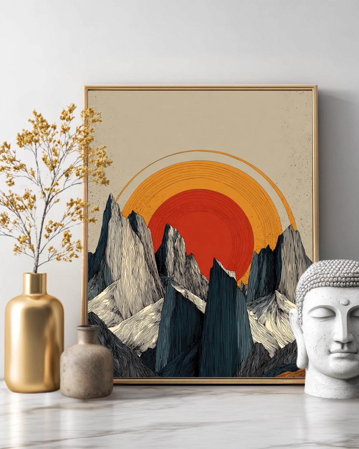Minimalist Snowy Mountains Art Print, Symmetrical Ink Painting Vector Illustration with Orange-Red Sun Between Black and White Cliffs