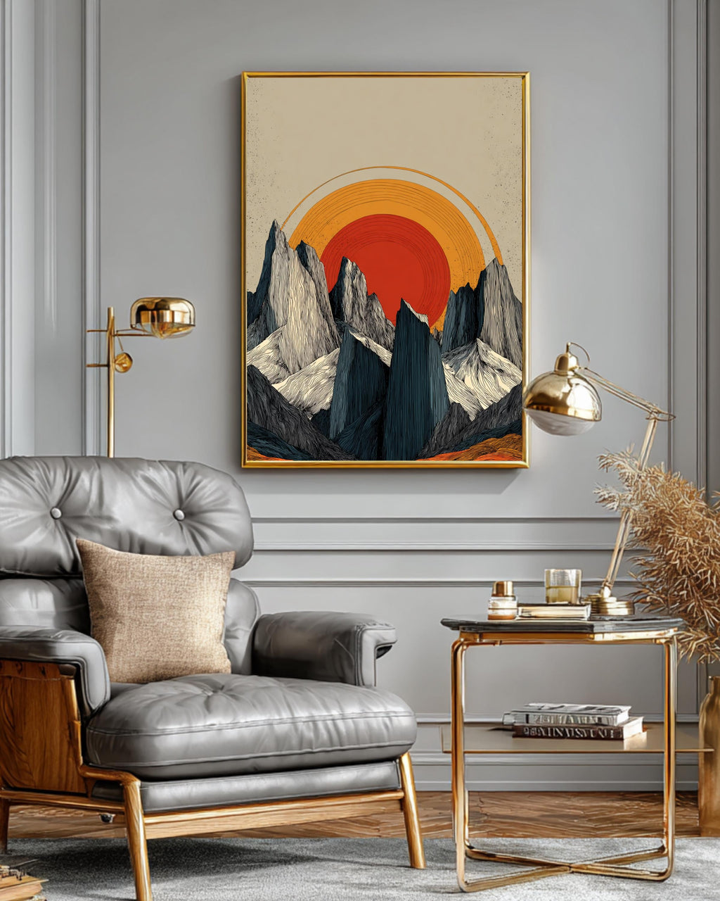 Minimalist Snowy Mountains Art Print, Symmetrical Ink Painting Vector Illustration with Orange-Red Sun Between Black and White Cliffs