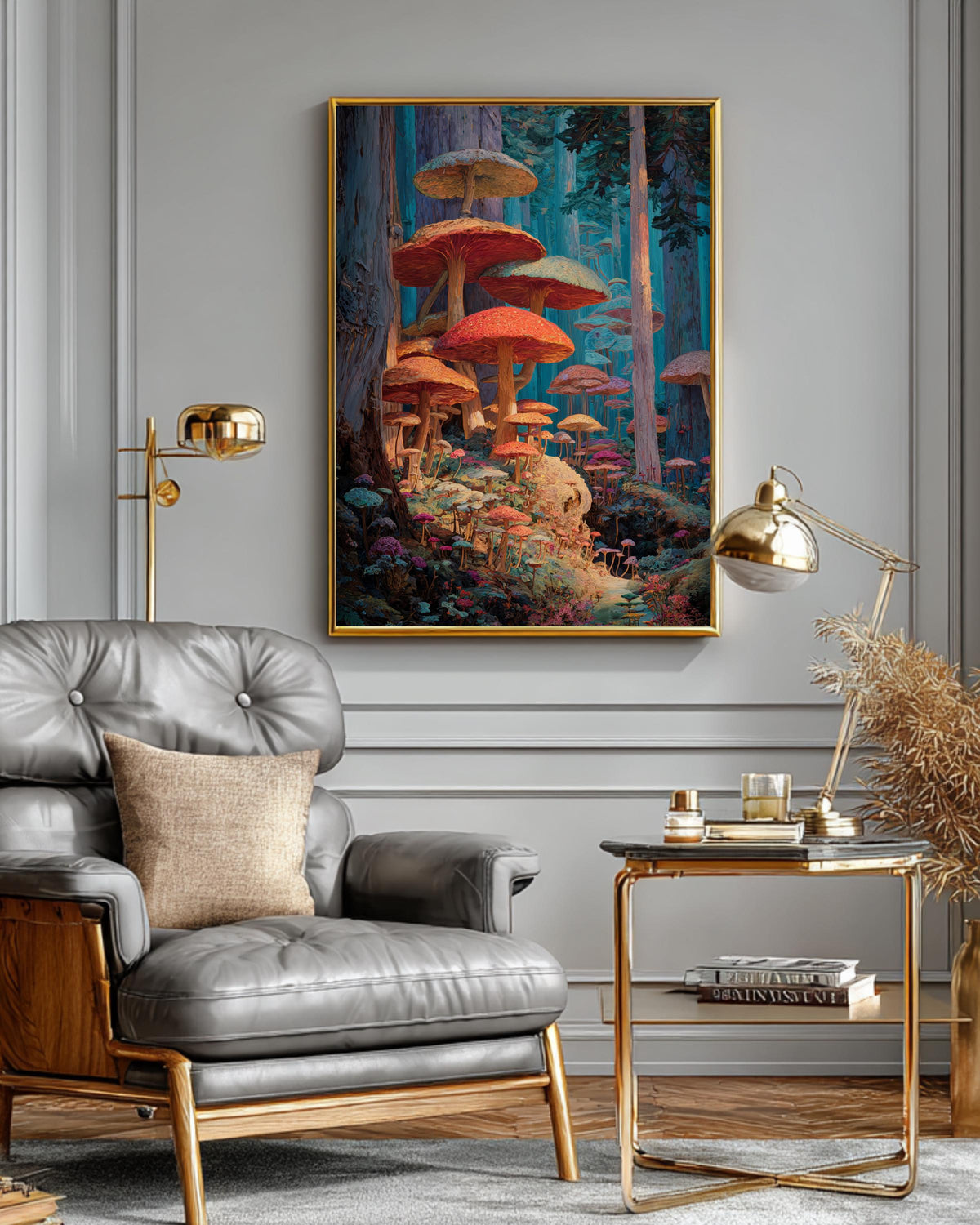Enchanted Forest Oil Painting Art Print, Vibrant Fantasy Landscape with Giant Mushrooms, Magical Surreal Wall Decor