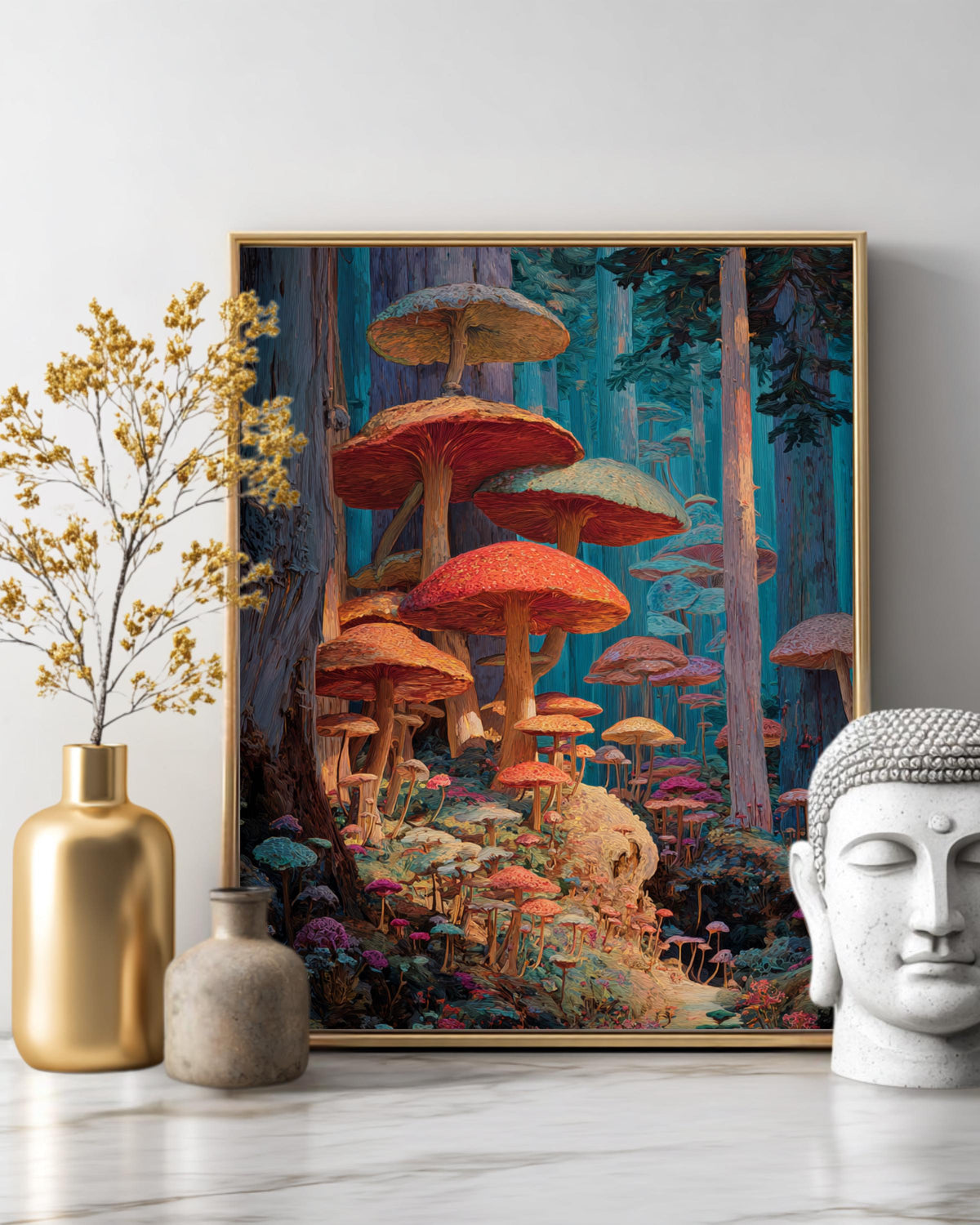 Enchanted Forest Oil Painting Art Print, Vibrant Fantasy Landscape with Giant Mushrooms, Magical Surreal Wall Decor