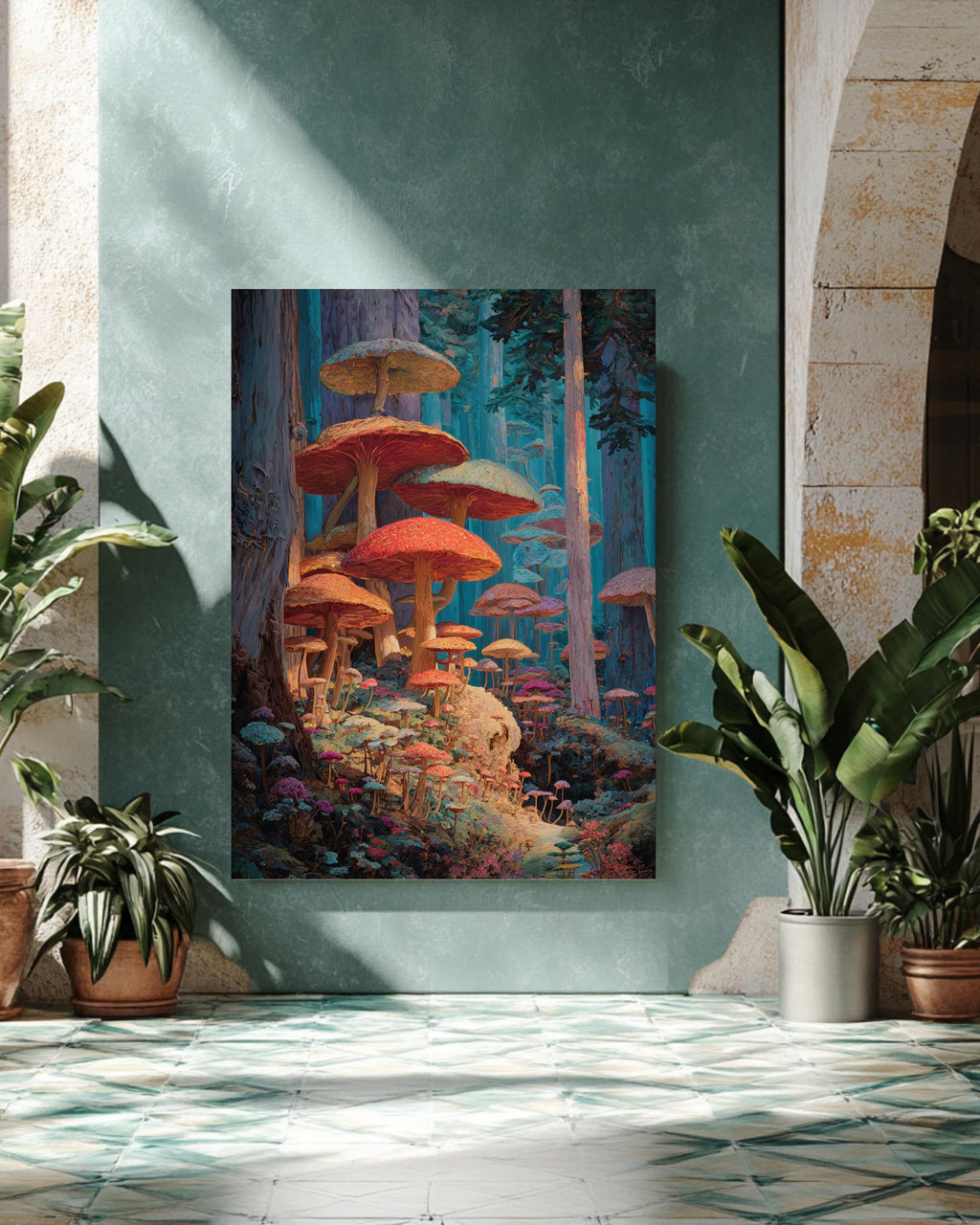 Enchanted Forest Oil Painting Art Print, Vibrant Fantasy Landscape with Giant Mushrooms, Magical Surreal Wall Decor