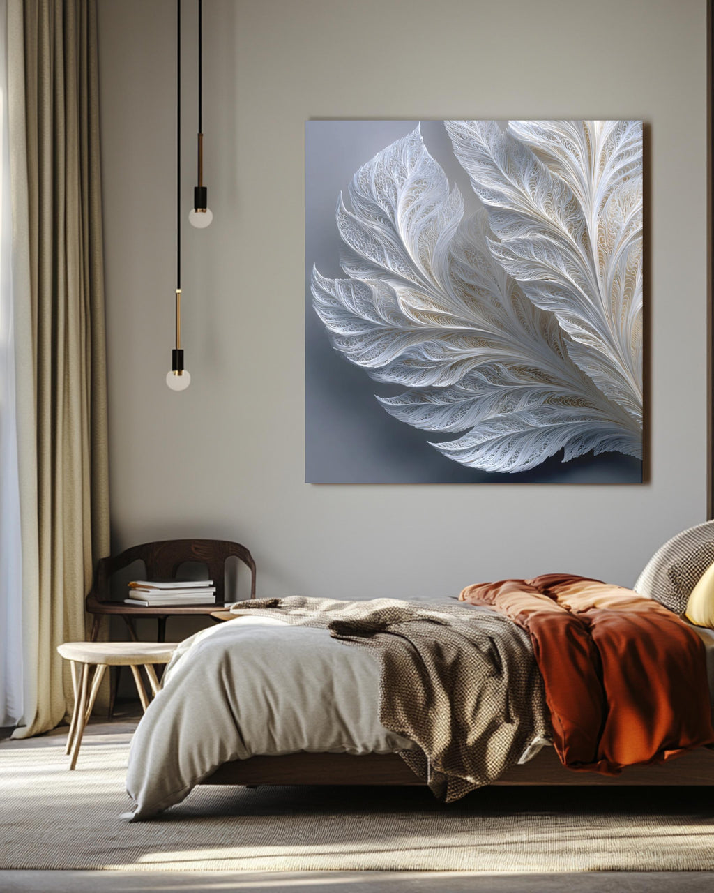 White Feather Abstract Wall Art, Minimalist Modern Textured Design, Elegant Neutral Poster, Sophisticated Line Pattern