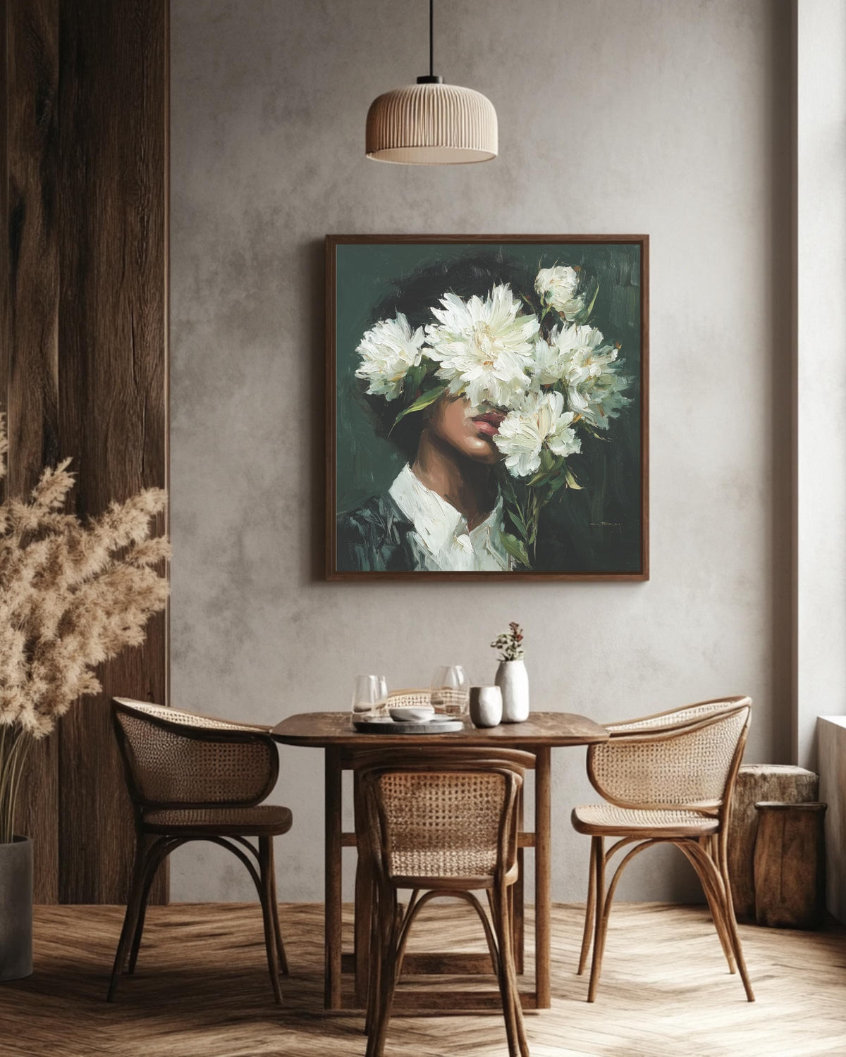 Floral Face Oil Painting Wall Art, Woman with White Flowers Abstract Portrait, Modern Botanical Canvas, Chic Feminine Art Poster