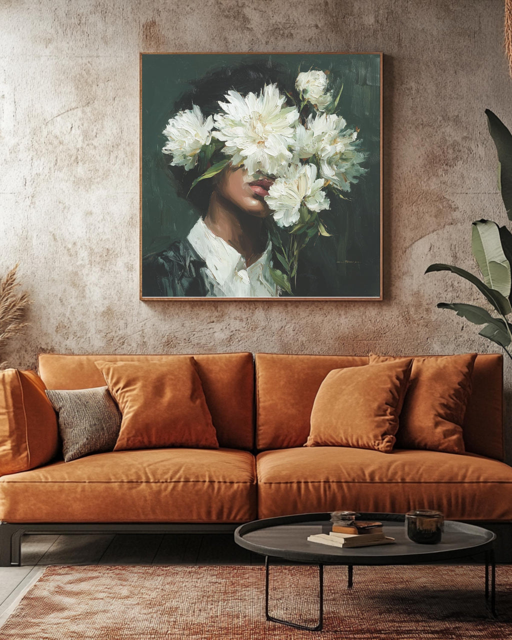 Floral Face Oil Painting Wall Art, Woman with White Flowers Abstract Portrait, Modern Botanical Canvas, Chic Feminine Art Poster