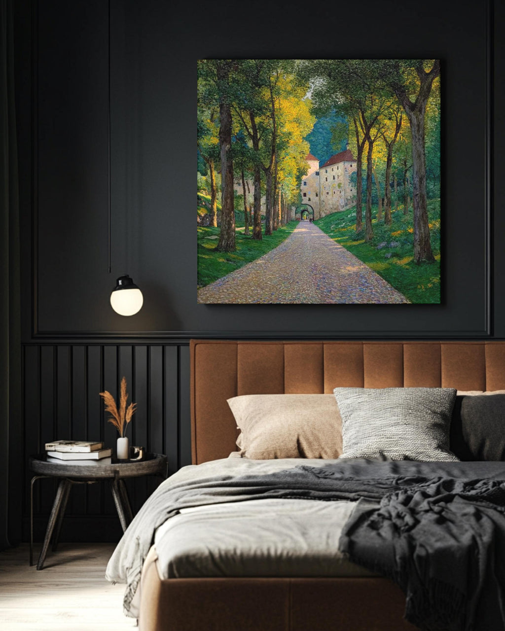 European Castle Pathway Landscape Art Print, Sunlit Forest Road Painting, Vintage Nature Scene Poster, Tranquil Countryside Canvas