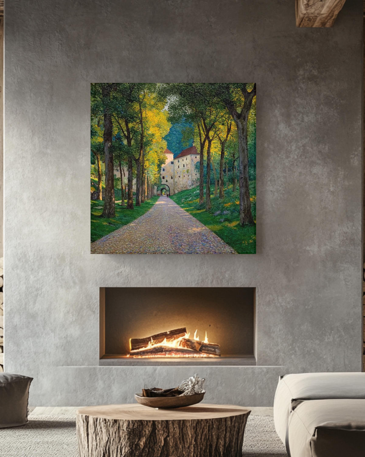 European Castle Pathway Landscape Art Print, Sunlit Forest Road Painting, Vintage Nature Scene Poster, Tranquil Countryside Canvas