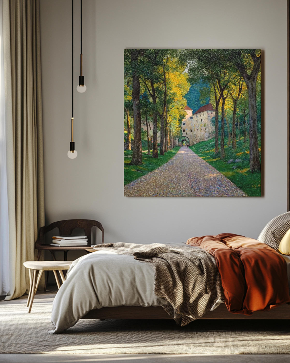 European Castle Pathway Landscape Art Print, Sunlit Forest Road Painting, Vintage Nature Scene Poster, Tranquil Countryside Canvas