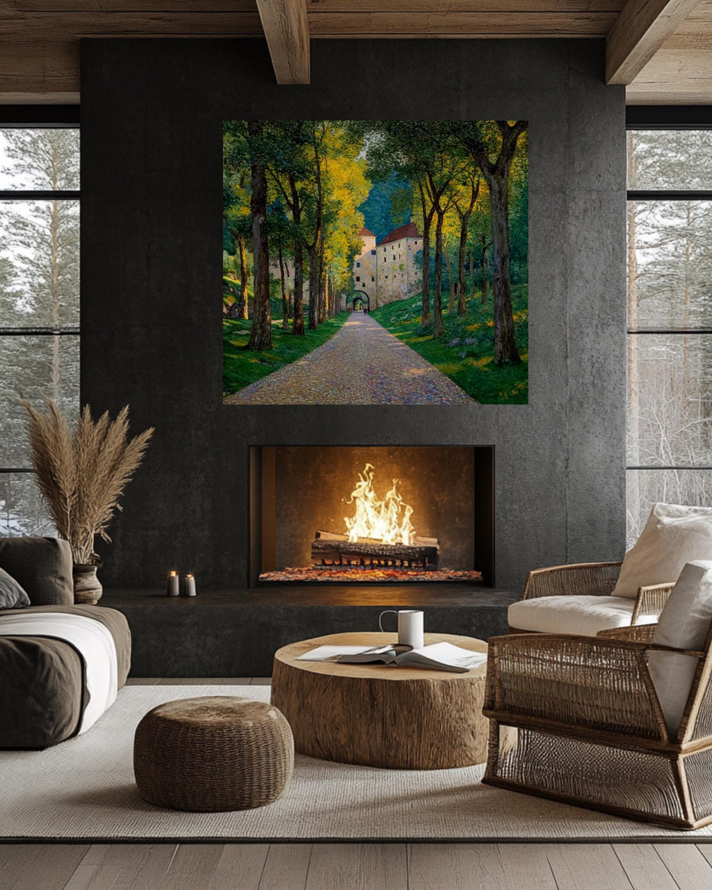 European Castle Pathway Landscape Art Print, Sunlit Forest Road Painting, Vintage Nature Scene Poster, Tranquil Countryside Canvas