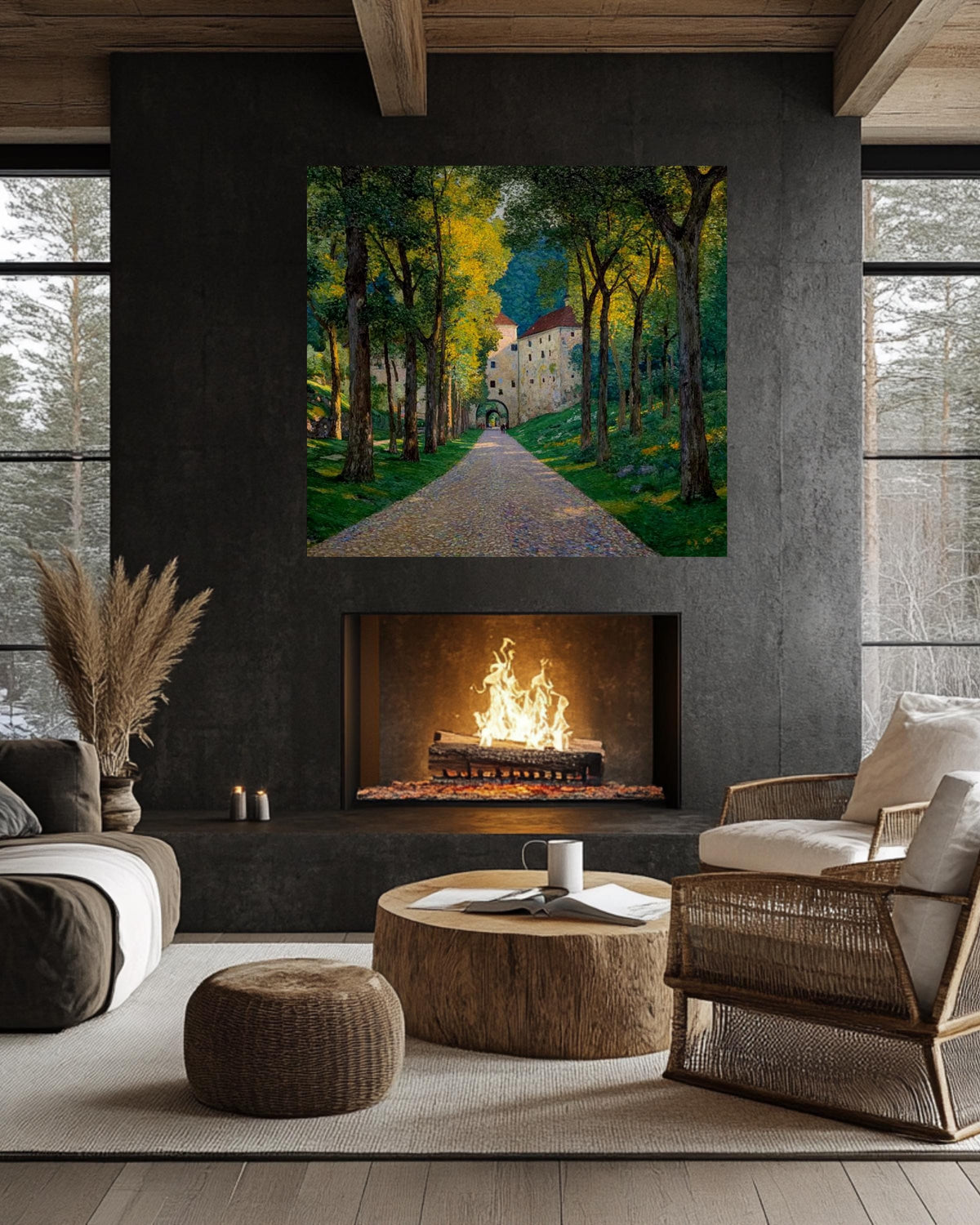 European Castle Pathway Landscape Art Print, Sunlit Forest Road Painting, Vintage Nature Scene Poster, Tranquil Countryside Canvas