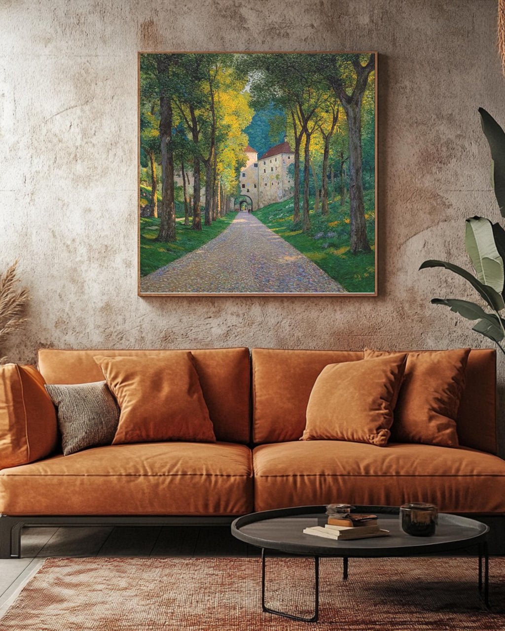 European Castle Pathway Landscape Art Print, Sunlit Forest Road Painting, Vintage Nature Scene Poster, Tranquil Countryside Canvas