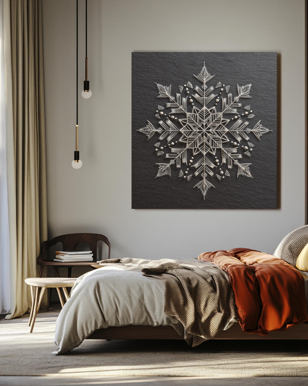 Chalk Snowflake Art Print, Symmetrical Winter Wall Decor, Minimalist Black and White Poster, Elegant Geometric Snow Pattern Canvas
