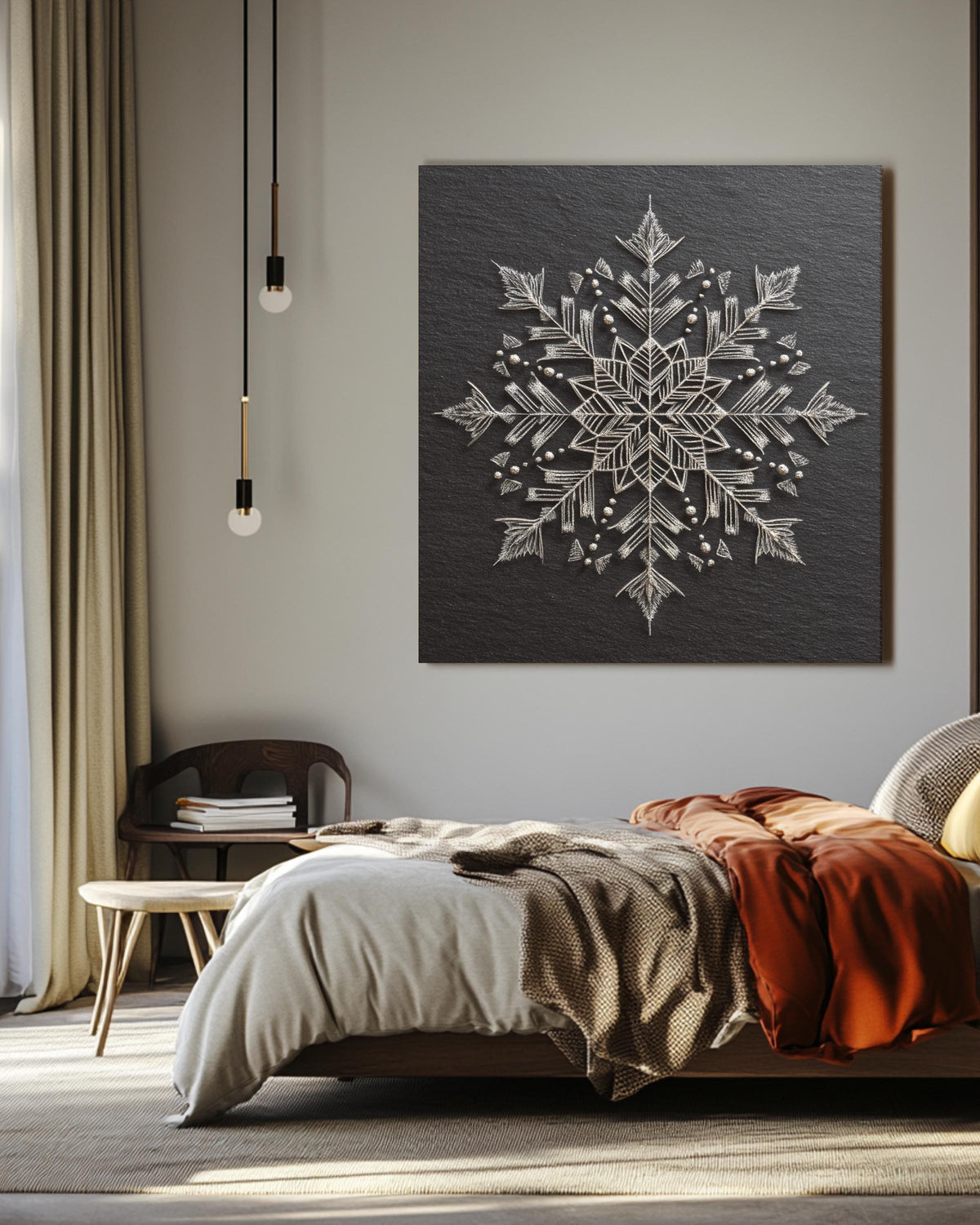 Chalk Snowflake Art Print, Symmetrical Winter Wall Decor, Minimalist Black and White Poster, Elegant Geometric Snow Pattern Canvas