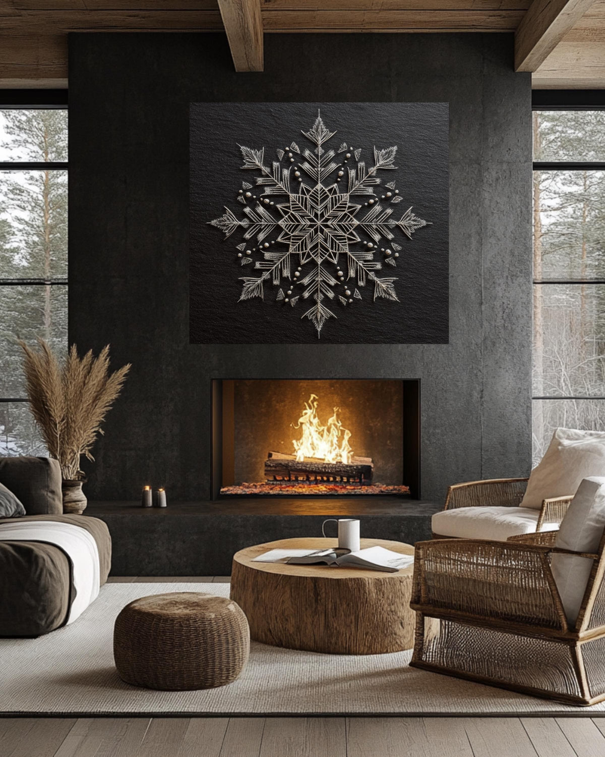 Chalk Snowflake Art Print, Symmetrical Winter Wall Decor, Minimalist Black and White Poster, Elegant Geometric Snow Pattern Canvas