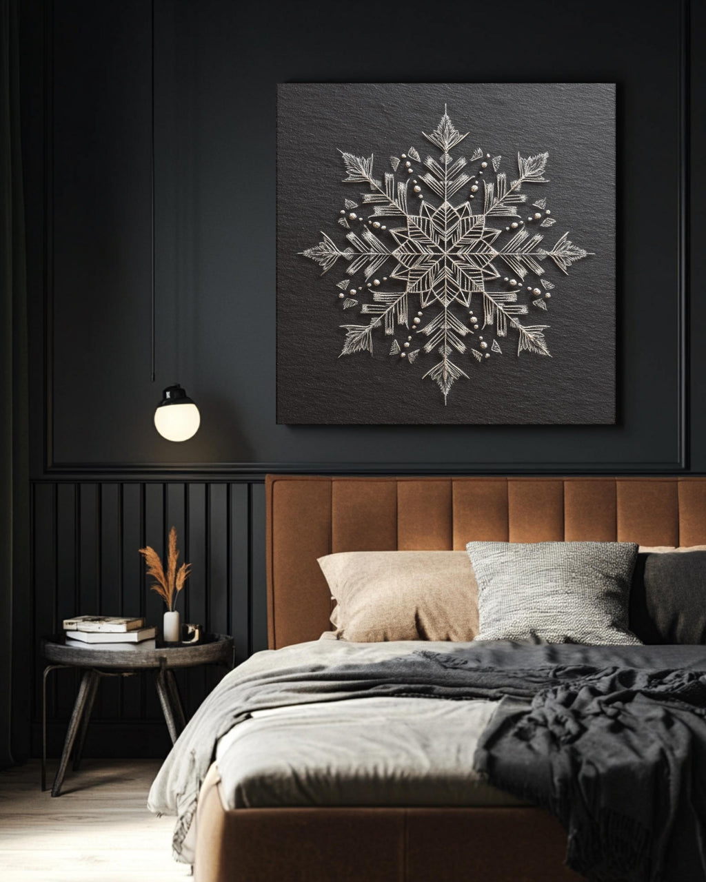 Chalk Snowflake Art Print, Symmetrical Winter Wall Decor, Minimalist Black and White Poster, Elegant Geometric Snow Pattern Canvas