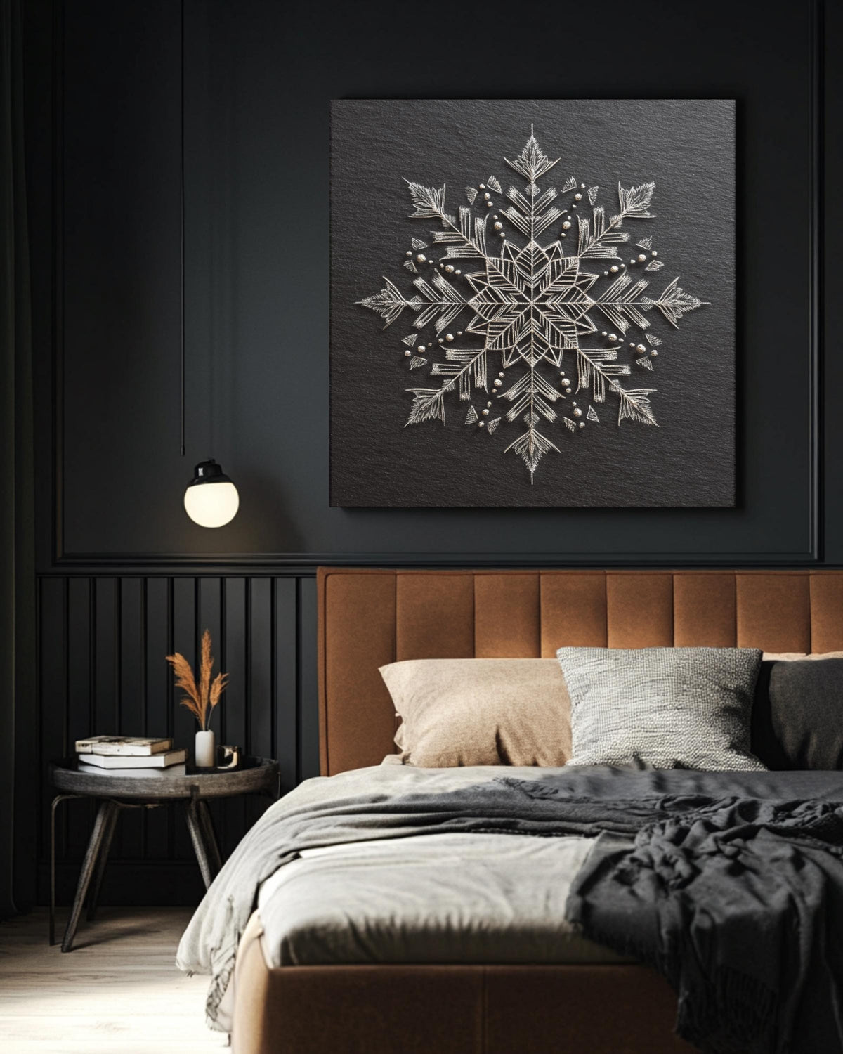 Chalk Snowflake Art Print, Symmetrical Winter Wall Decor, Minimalist Black and White Poster, Elegant Geometric Snow Pattern Canvas
