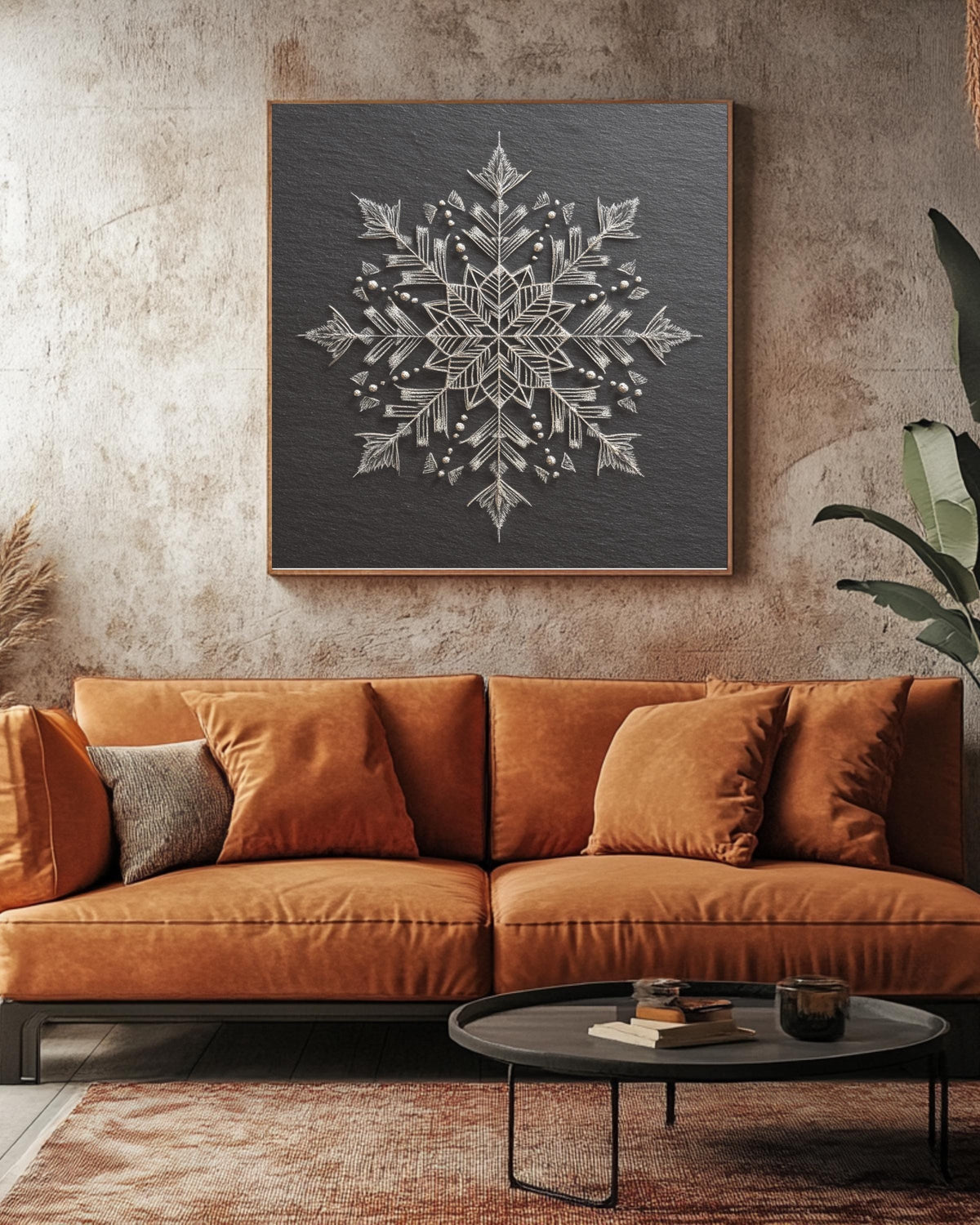 Chalk Snowflake Art Print, Symmetrical Winter Wall Decor, Minimalist Black and White Poster, Elegant Geometric Snow Pattern Canvas