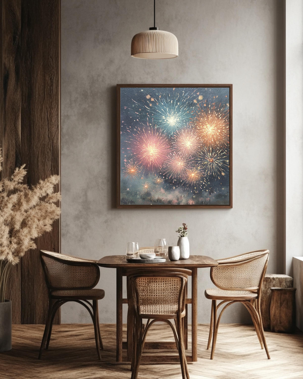 Fireworks Oil Painting Night Sky Wall Art, Detailed Brush Stroke Texture, Vibrant Festival Celebration Poster, Abstract Canvas