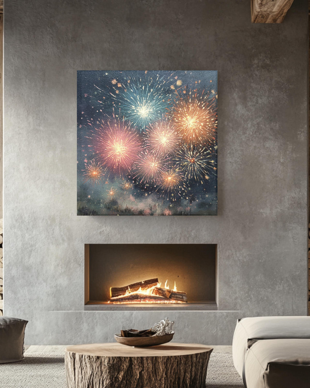 Fireworks Oil Painting Night Sky Wall Art, Detailed Brush Stroke Texture, Vibrant Festival Celebration Poster, Abstract Canvas