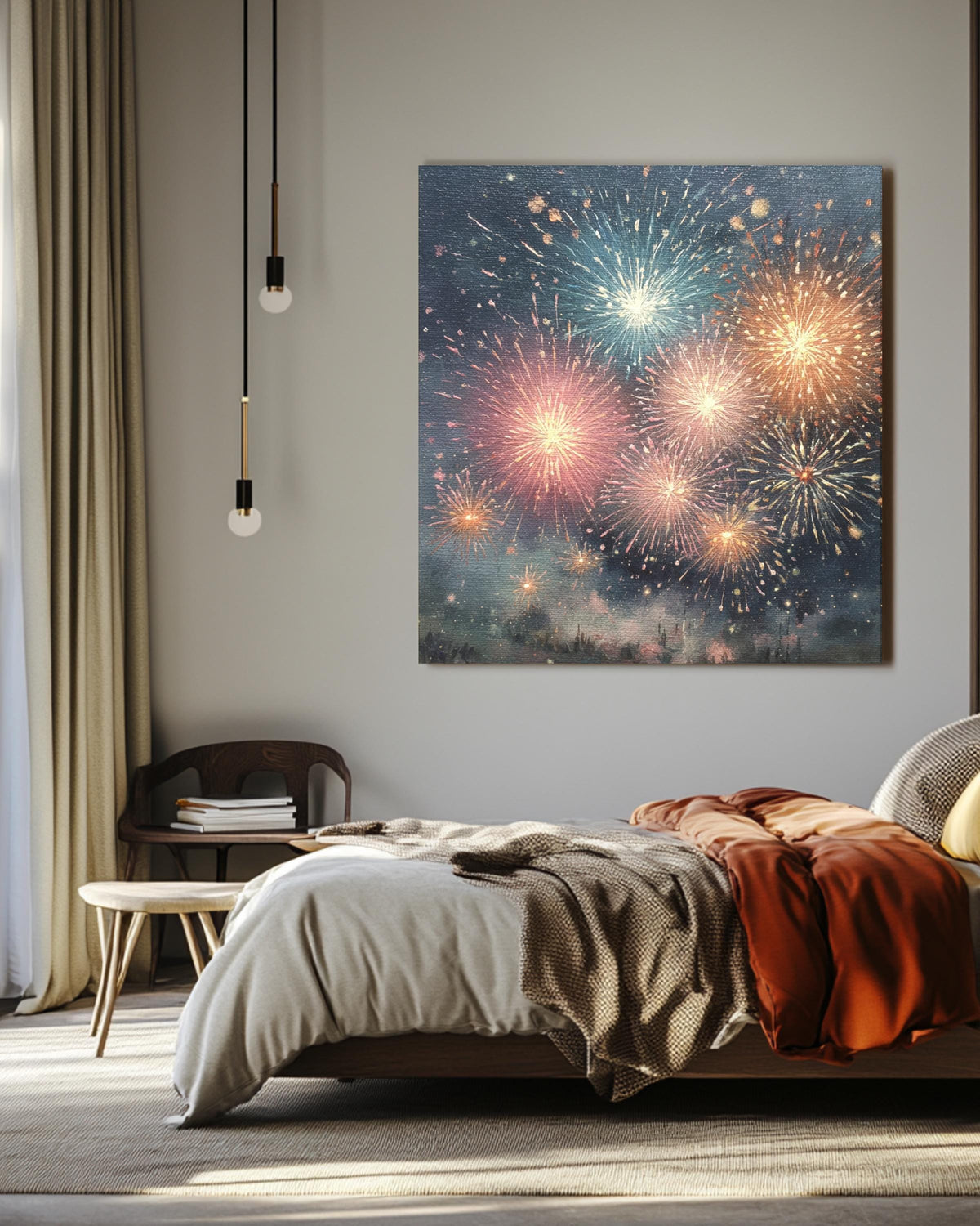 Fireworks Oil Painting Night Sky Wall Art, Detailed Brush Stroke Texture, Vibrant Festival Celebration Poster, Abstract Canvas