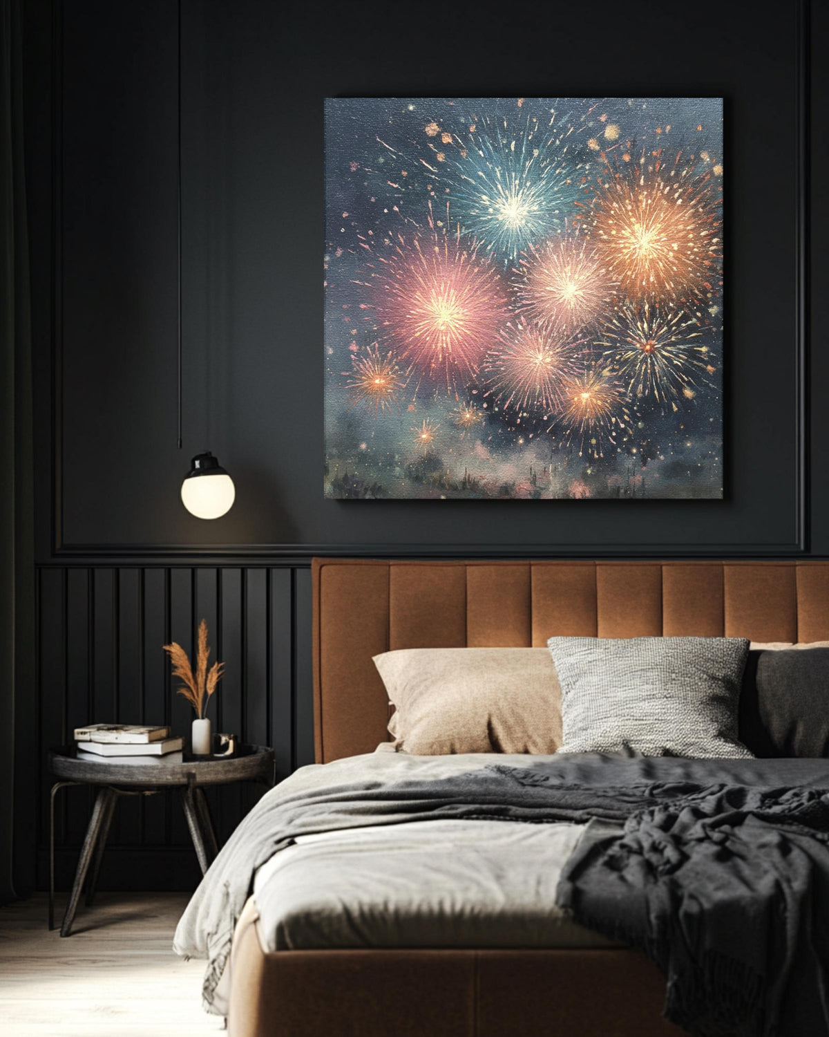 Fireworks Oil Painting Night Sky Wall Art, Detailed Brush Stroke Texture, Vibrant Festival Celebration Poster, Abstract Canvas
