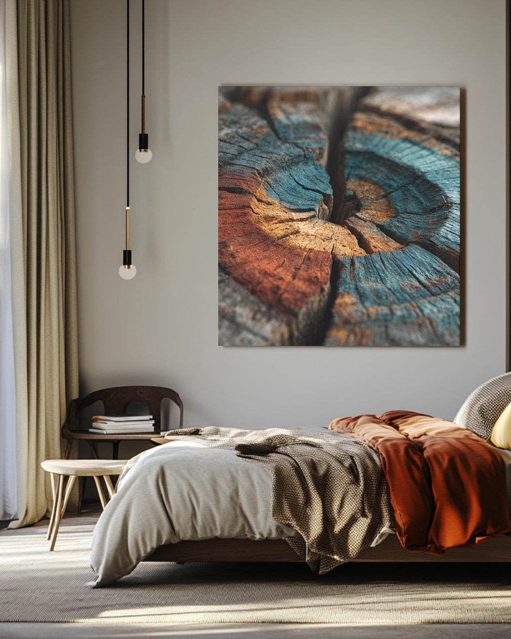 Colorful Tree Rings Wall Art, Weathered Wood Grain Texture Print, Abstract Earth Tone Poster, Natural Rustic Canvas