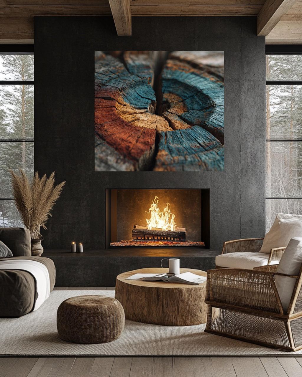 Colorful Tree Rings Wall Art, Weathered Wood Grain Texture Print, Abstract Earth Tone Poster, Natural Rustic Canvas