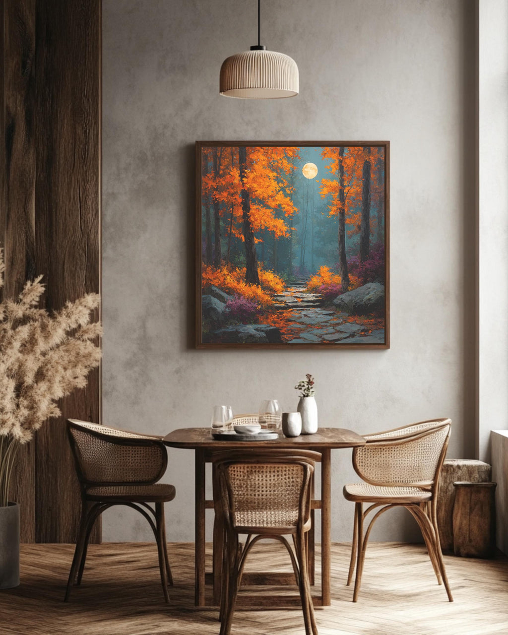 Autumn Forest Path Wall Art, Harvest Moon Night Poster, Orange Red Fall Landscape Canvas, Mystical Moonlight Trail Painting