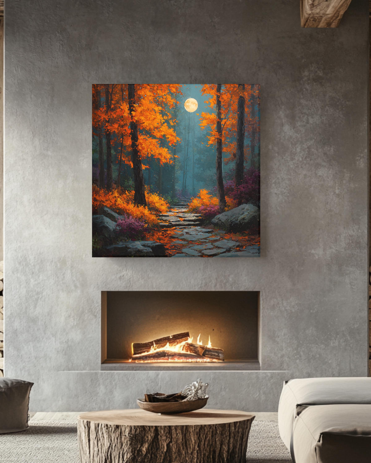 Autumn Forest Path Wall Art, Harvest Moon Night Poster, Orange Red Fall Landscape Canvas, Mystical Moonlight Trail Painting