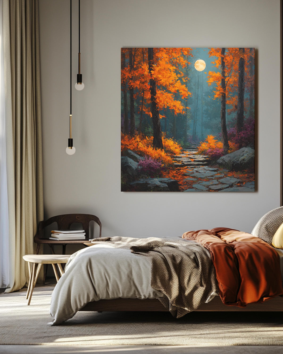 Autumn Forest Path Wall Art, Harvest Moon Night Poster, Orange Red Fall Landscape Canvas, Mystical Moonlight Trail Painting