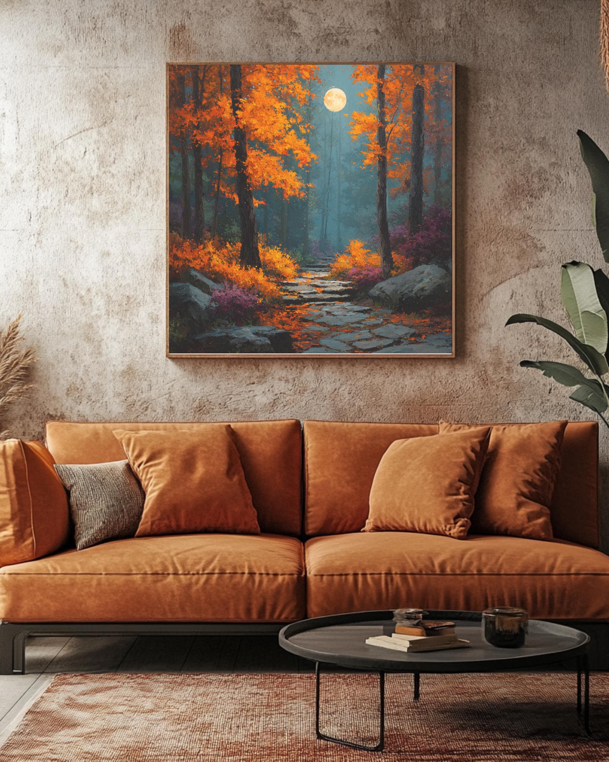 Autumn Forest Path Wall Art, Harvest Moon Night Poster, Orange Red Fall Landscape Canvas, Mystical Moonlight Trail Painting