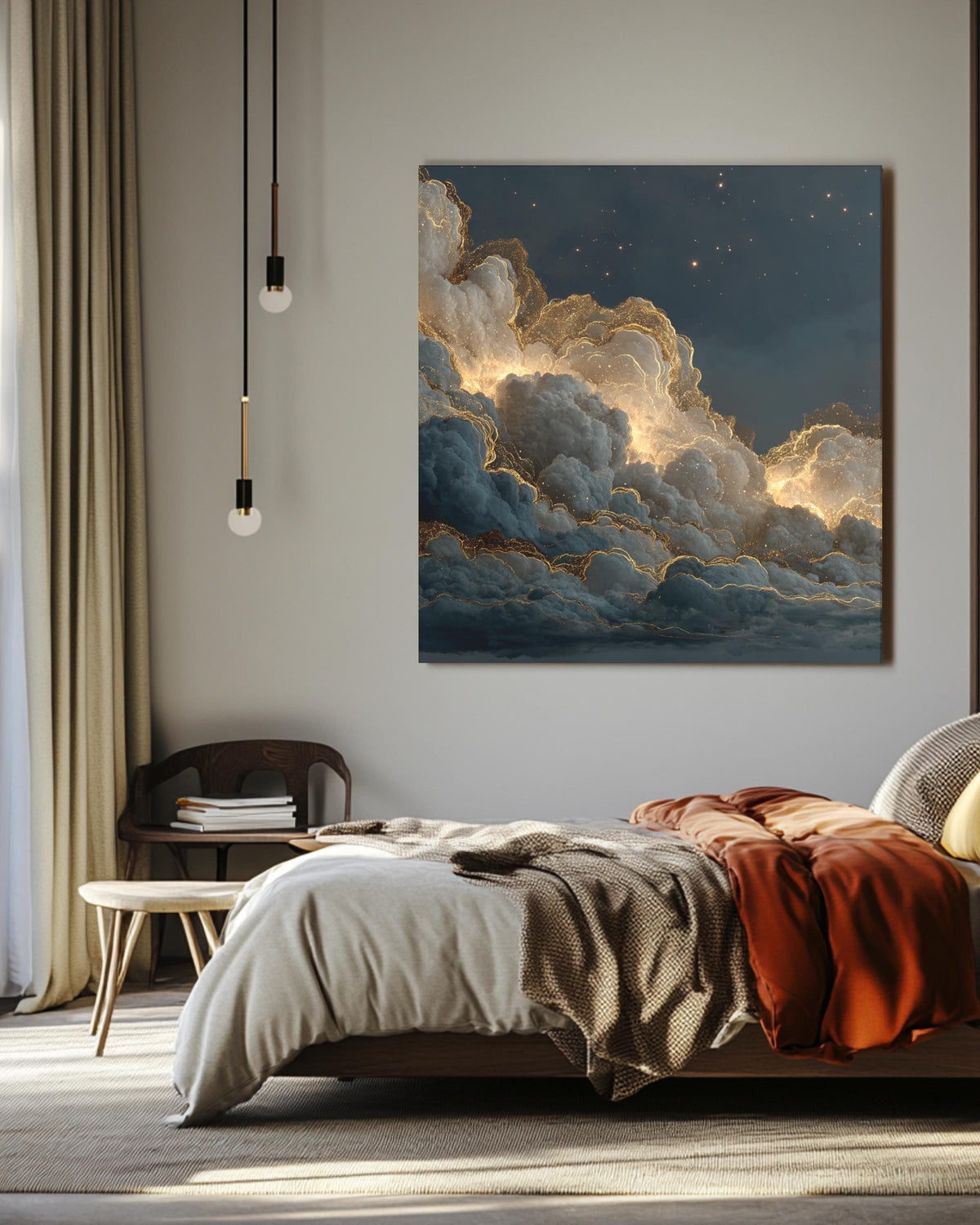 Golden Cloud Night Sky Wall Art, Dark Starry Heaven Poster, Glitter Edge Cloud Canvas, Hyper Realistic Galaxy Print, Elegant Celestial