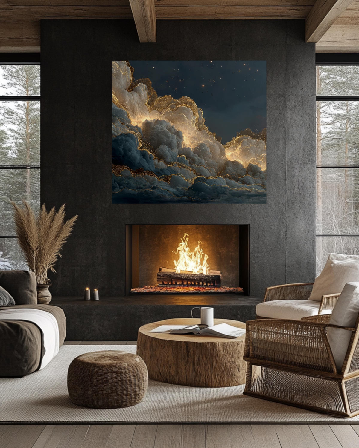 Golden Cloud Night Sky Wall Art, Dark Starry Heaven Poster, Glitter Edge Cloud Canvas, Hyper Realistic Galaxy Print, Elegant Celestial