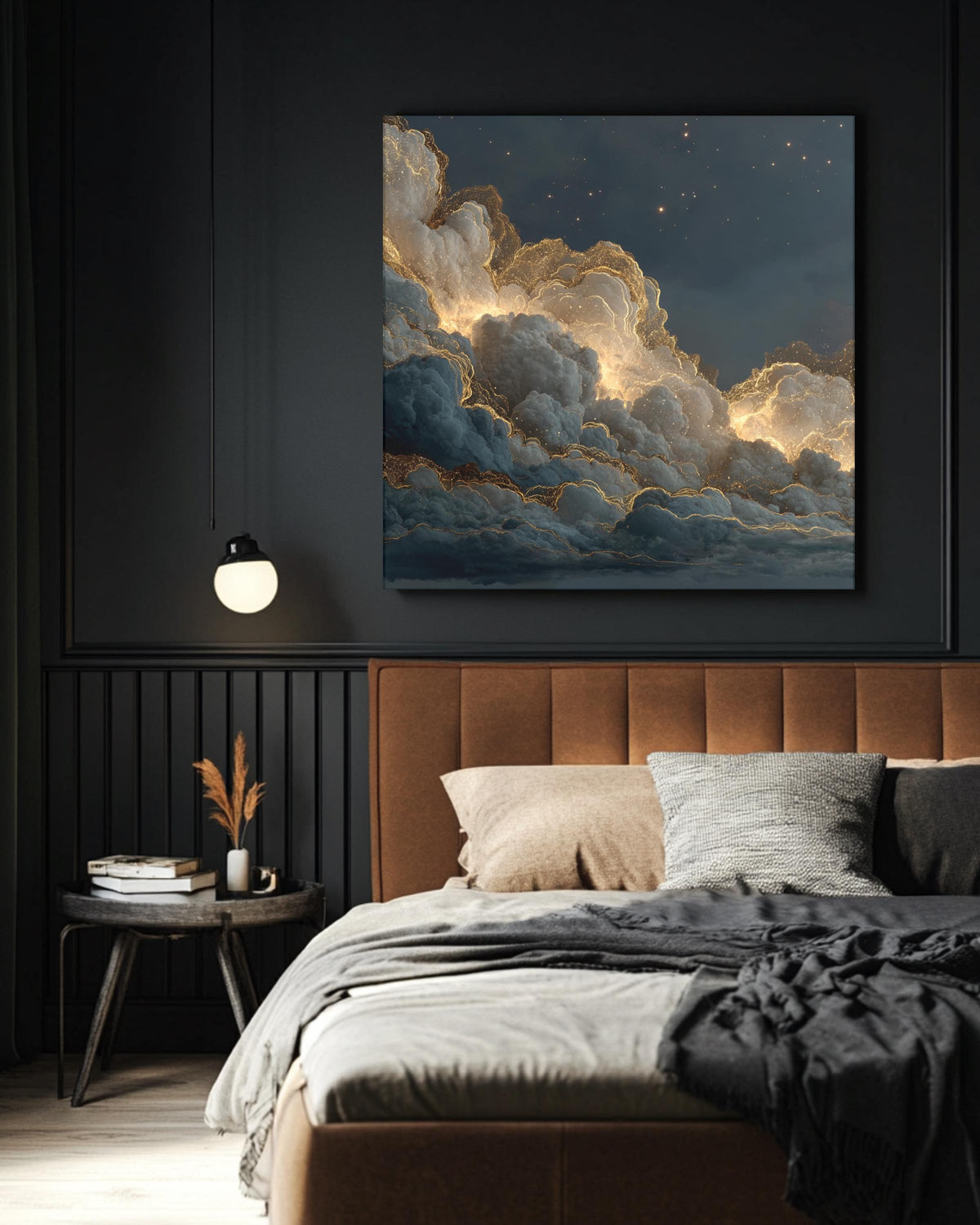 Golden Cloud Night Sky Wall Art, Dark Starry Heaven Poster, Glitter Edge Cloud Canvas, Hyper Realistic Galaxy Print, Elegant Celestial
