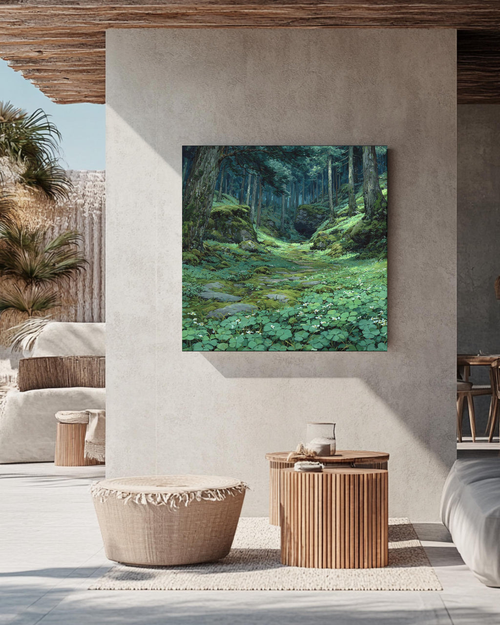 Enchanted Forest Path Wall Art Print, Serene Mossy Woodland Landscape, Lush Green Nature Poster Canvas